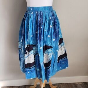 Vintage Fish Print Pleated Midi Skirt Womens XS 24W Blue Tropical Nautical Ocean
